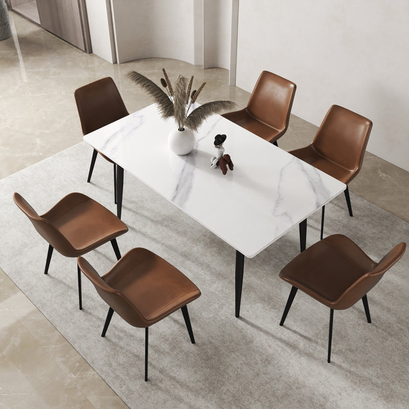 Ensemble de table de salle à manger moderne en pierre frittée 7 pièces avec 6 chaises en similicuir Juvan, Blanc neige, Brun