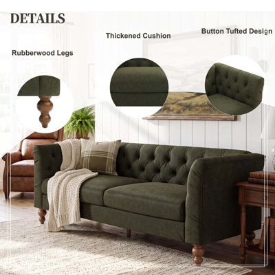 73.5" Chesterfield Sofa PU Upholstered Couch with Flared Arms, Tufted Back & Walnut Rubberwood Legs Multi Cushion Seat Sofa for Living Room and Home Lounge, Green