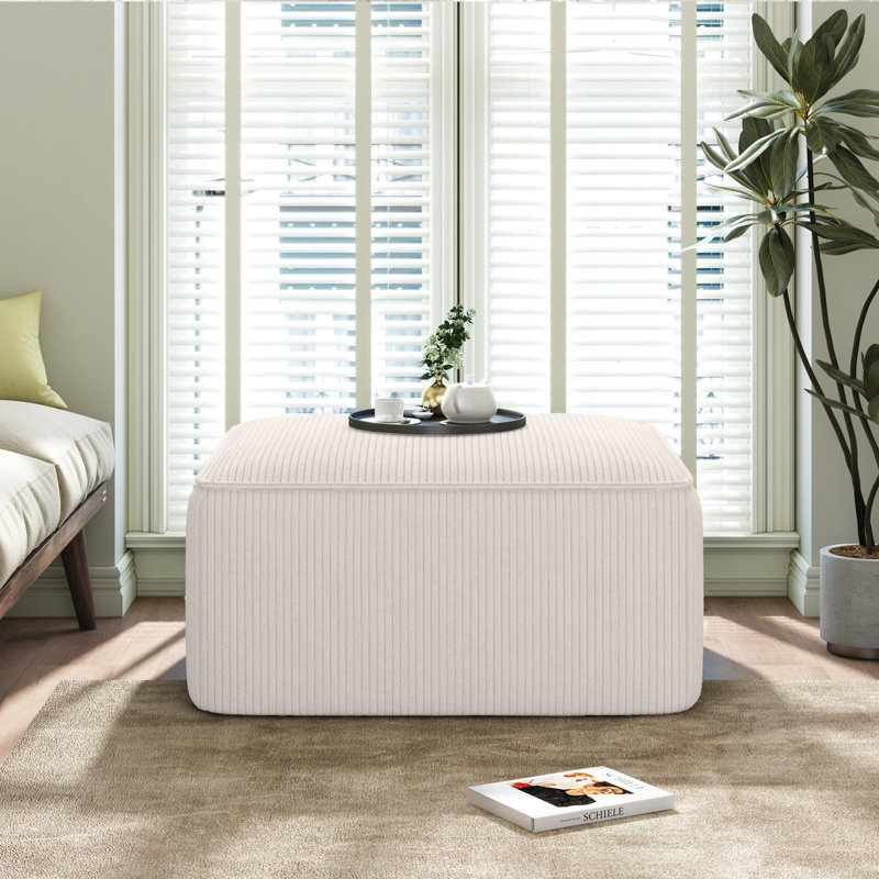Upholstered Square Footstool, Beige Corduroy
