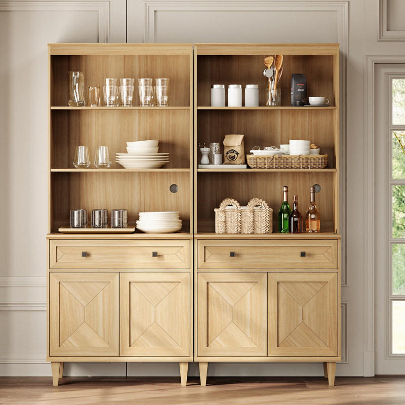 Bibliothèque faite à la main de 63 po de large avec armoires Patchwork, Chêne, (15 Shelves) 41.3" H x 63" W x 15.4" D