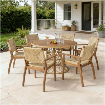 Durable Outdoor Dining Table - Round Acacia Wood Top & Wicker Base, Teak Finish Patio Table For 4 - 6, Garden Outdoor Furniture (Compatible With Matching Chairs)