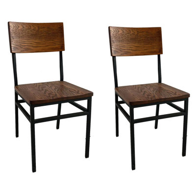 Ensemble de 2 chaises de salle à manger de style campagnard vintage, assise et dossier en chêne massif, structure en métal noir thermolaqué, sans accoudoirs, pour cuisine, salle à manger et café.