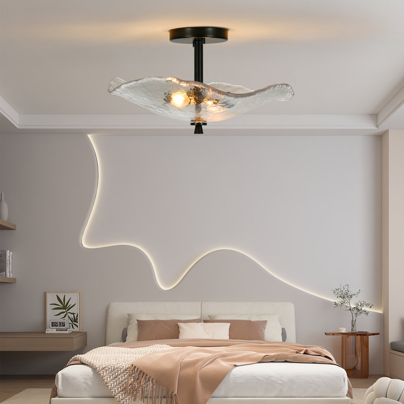 2-Light Semi Flush Mount Ceiling Light With Water Ripple Glass Shade, Matte Black