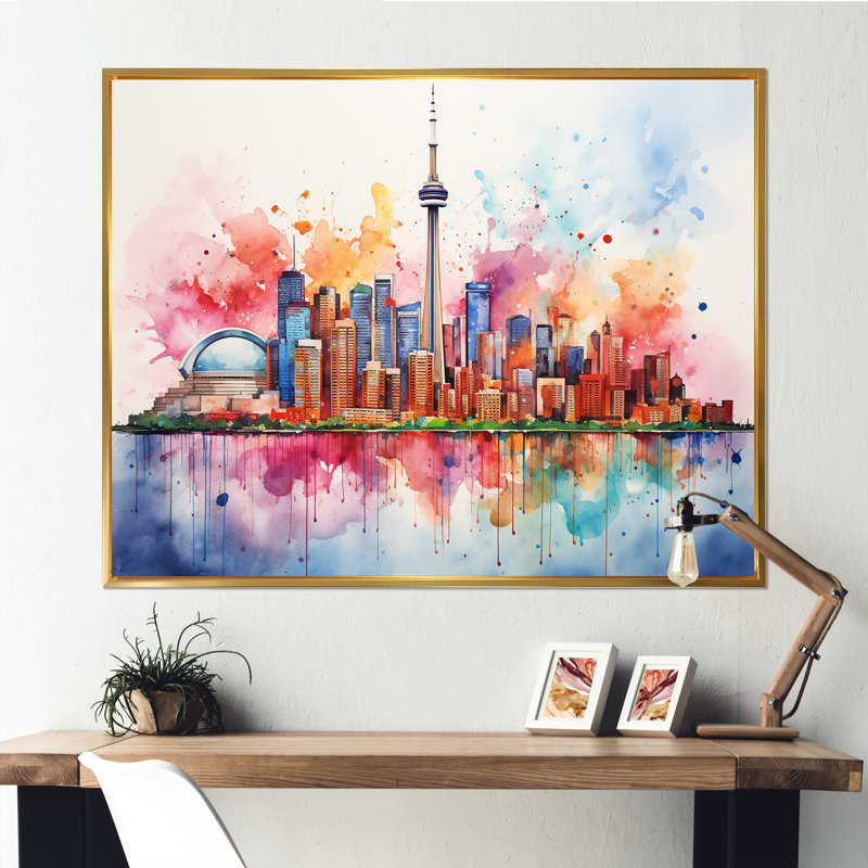 Cn Tower Toronto Cityscape Sunset - City Toronto, art mural, Cadre flottant doré, H 16 po x l 32 po x P 1 po