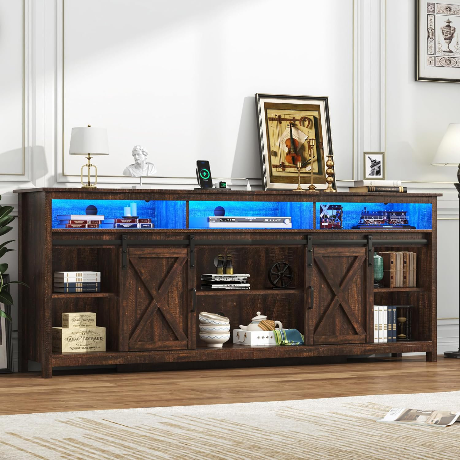 Gracie Oaks Wooden Farmhouse Entertainment Center For 80/85 Inch Tv,Double Layer Storage Farmhouse Tv Stand,Double-Row Sockets With Wood Sliding Barn Door Tv Stand & Reviews | Wayfair