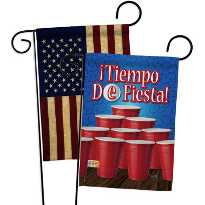 Drapeau de jardin 2 côtés en polyester 19 po x 13 po, "2 pièces itiempo de fiesta" , "à l’heure et boissons"