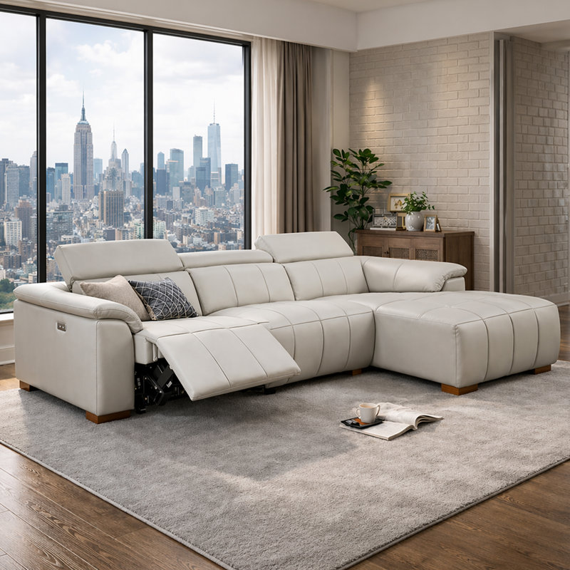 L-Shaped Reclining Sofa Couch With Chaise, Modern Genuine Leather Sectional,Electric Control Sofa Couch With Headrest & Footrest