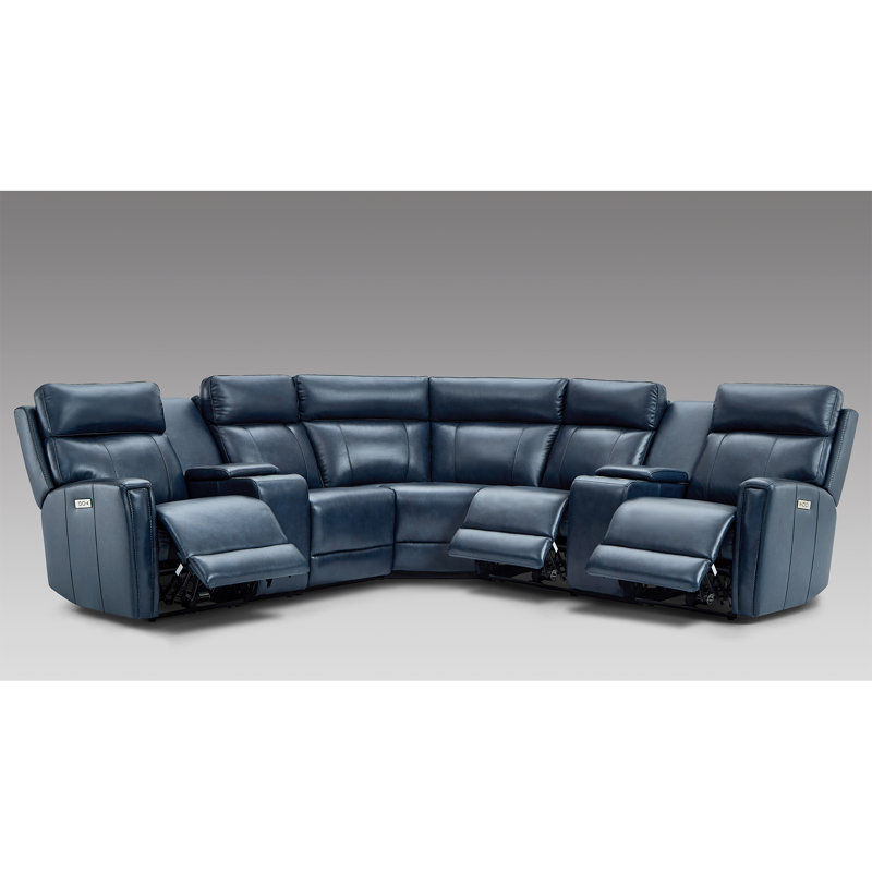 7-Piece, 2 Power recliners Leather Reclining Sectional, Power headrest  , Navy Blue Genuine Leather, Power - Dial