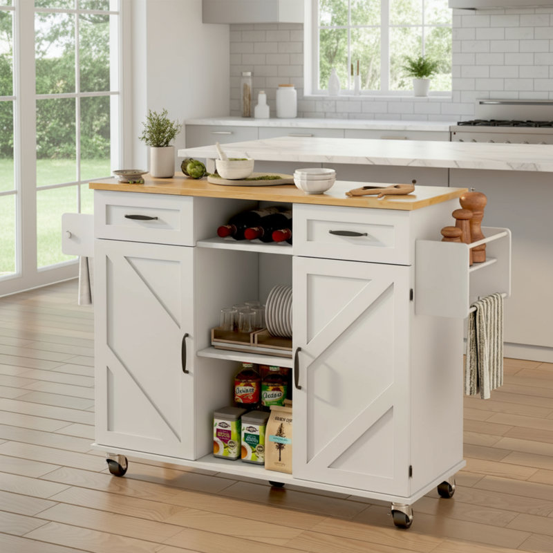 Portable Kitchen Island Trolley With Wooden Countertop And Folding Tabletop, Offering Versatile Storage Options And Practicality.