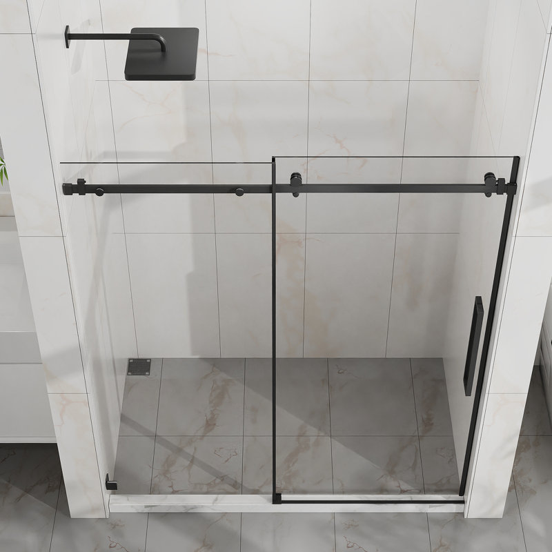 60" W X 72" H Sliding Shower Door, Frameless Sleek Glass Shower Door, 1/4" (6Mm) Thick Tempered Clear Glass With Easy-Clean Coating, Stainless Steel Hardware, Matte Black