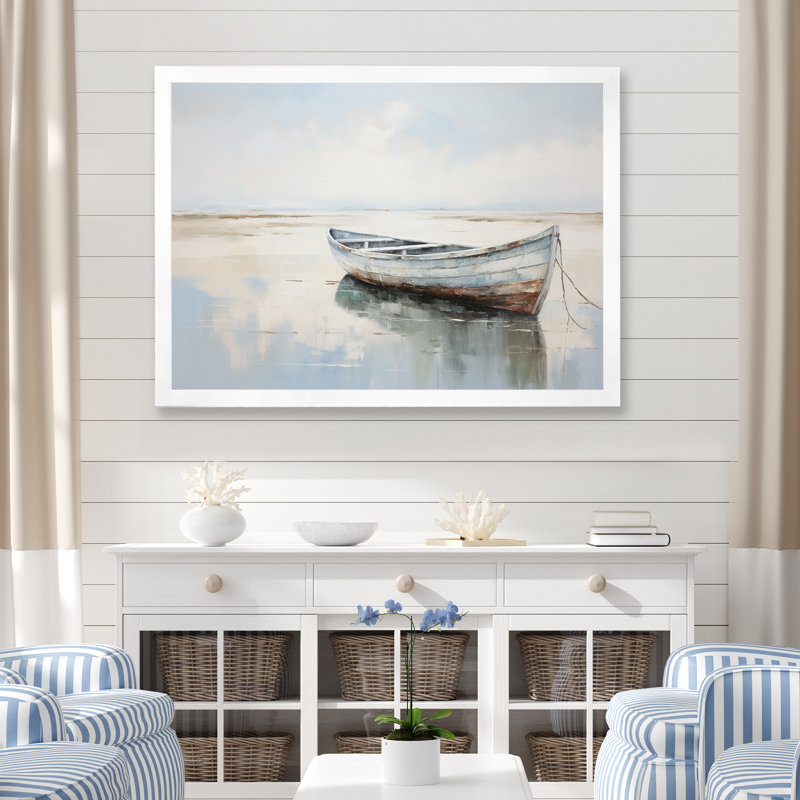 Bleu et blanc, petit bateau au bord du lac I - impression sur toile, H 30 po x l 40 po x P 1,5 po, Cadre photo blanc