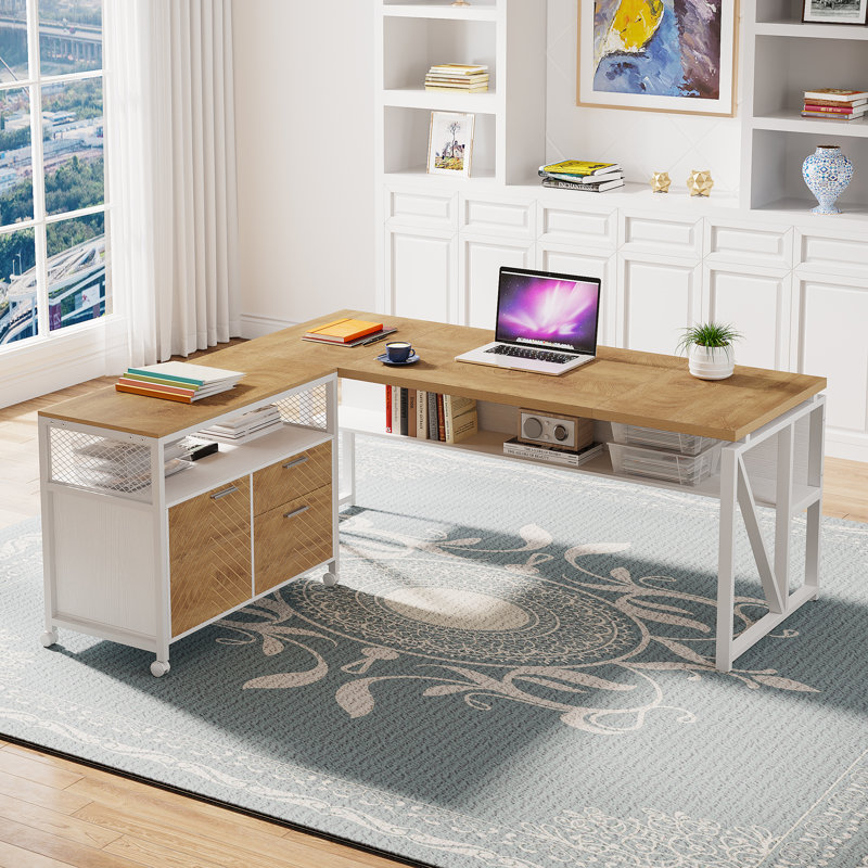 2 - Piece Home Office Executive Desk And Lateral File Cabinet, 29" H x 63" W x 55" D, Light Walnut /White
