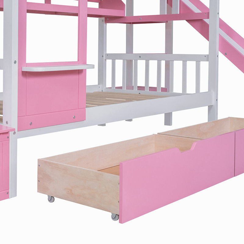 Anuradha Castle Style Bunk Bed with 2 Drawers 3 Shelves and Slide, Twin, Pink
