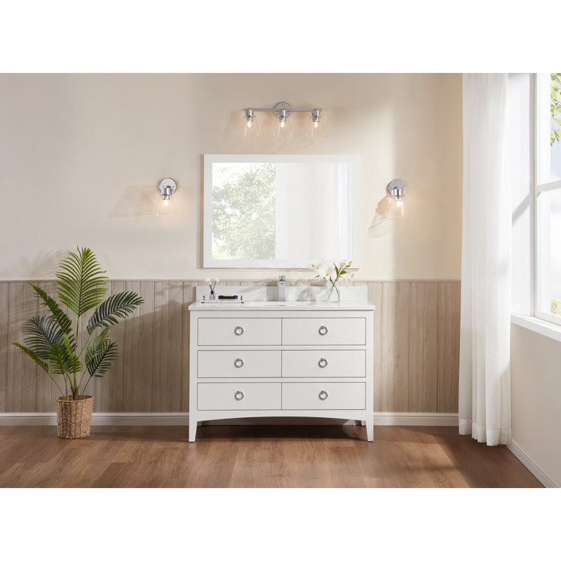 48" Solid Wood Bathroom Vanity with 1" Engineered Marble Top, Single Sink, Polished Chrome, White