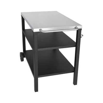 Chariot de barbecue extérieur à 3 niveaux avec surface en acier inoxydable, roues de table de préparation barbecue, barre de service roulante pour patio et cour arrière, support de four à pizza en noir, construction, grand rangement, stable