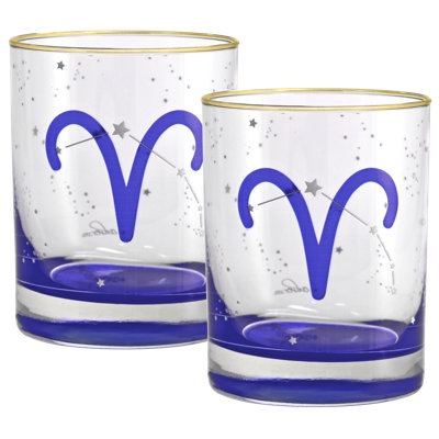 Culver Aries Zodiac 14-Ounce 22k Gold Rim DOF Double Old Fashioned Glass (Set of 2) - Aries