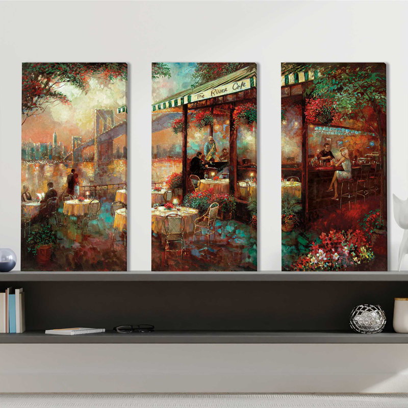 The River Cafe - ensemble de 3 reproductions d'art sur toile tendue, H 32 po x l 48 po x P 0,75 po