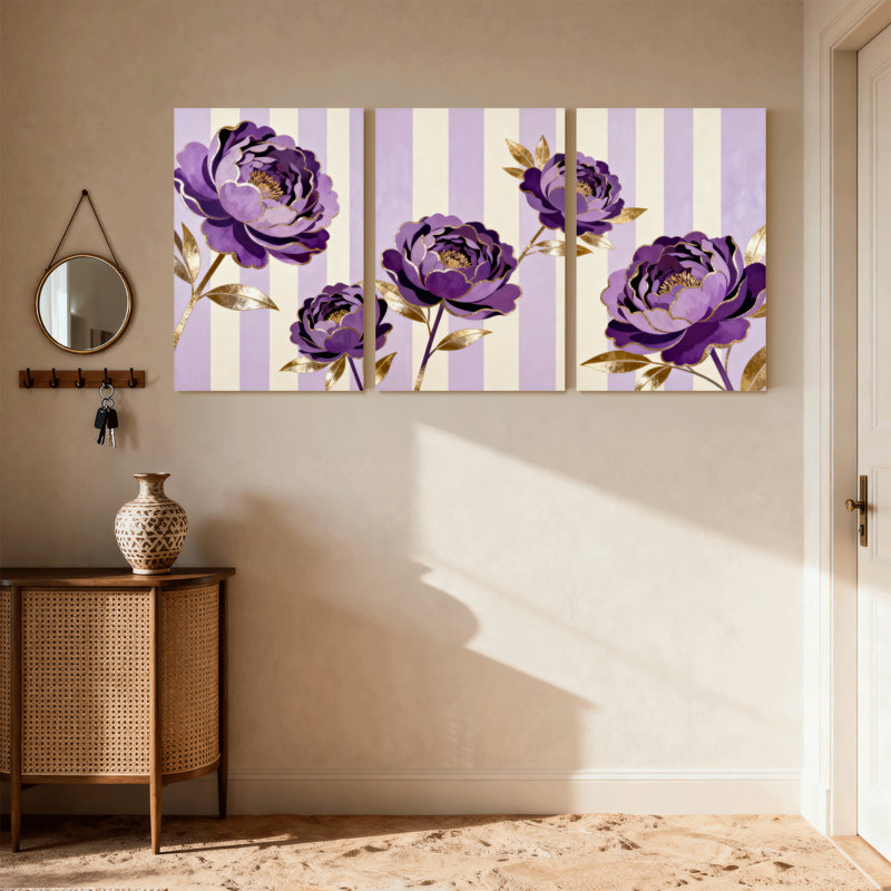 Plantes et fleurs fleurs mauves avec feuilles dorées sur fond rayé, ensemble de 3 impressions d'art sur toile