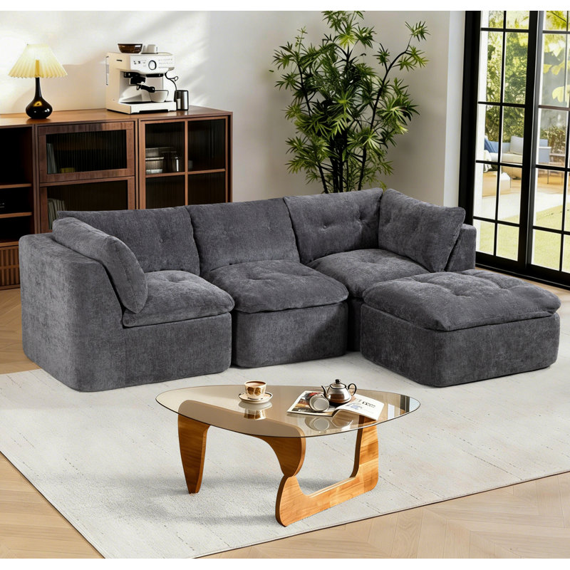 Canapé de salon moderne de style nuage, canapé convertible en forme de L sans siège (avec repose-pieds), canapé surdimensionné confortable en chenille surdimensionné à 4 places, canapé modulaire modulaire