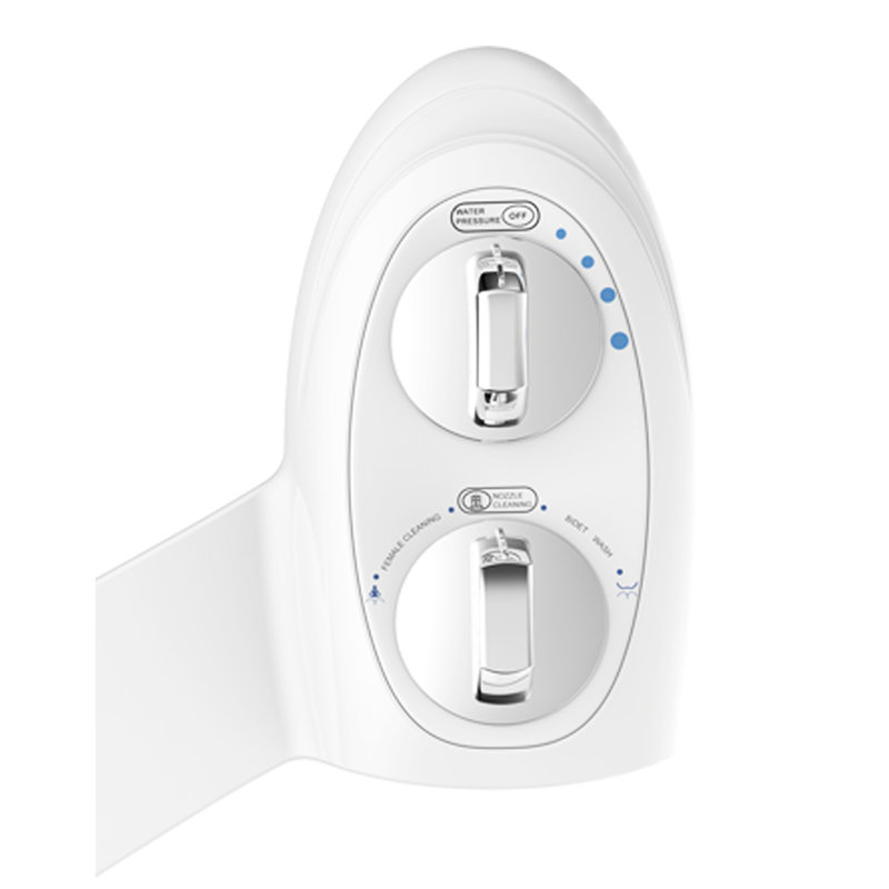 Bidet de toilette blanc avec douchette à double jet pour le lavage avant et arrière, deux poignées en argent à réglage précis de la direction, garde assurant la propreté, contrôle facile de la fonction féminine, maintient