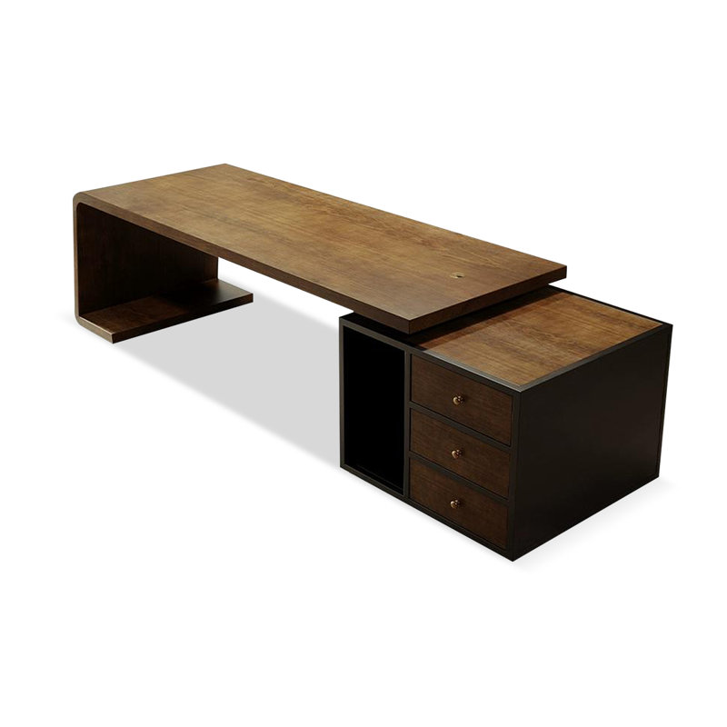 Bureau brun foncé + bois massif rectangulaire noir + bureaux en fer, H 29,53 po x l 100,39 po x P 31,5 po, Retour à droite