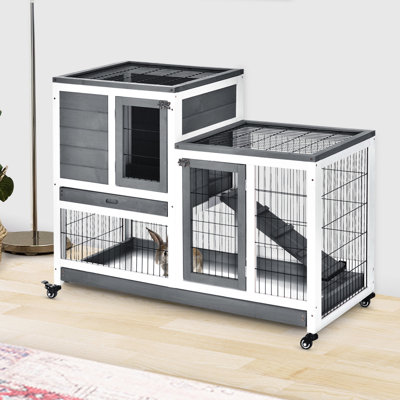 Maison pour animaux en bois avec roues et distributeur amovible, points d'accès pratiques en bois gris,