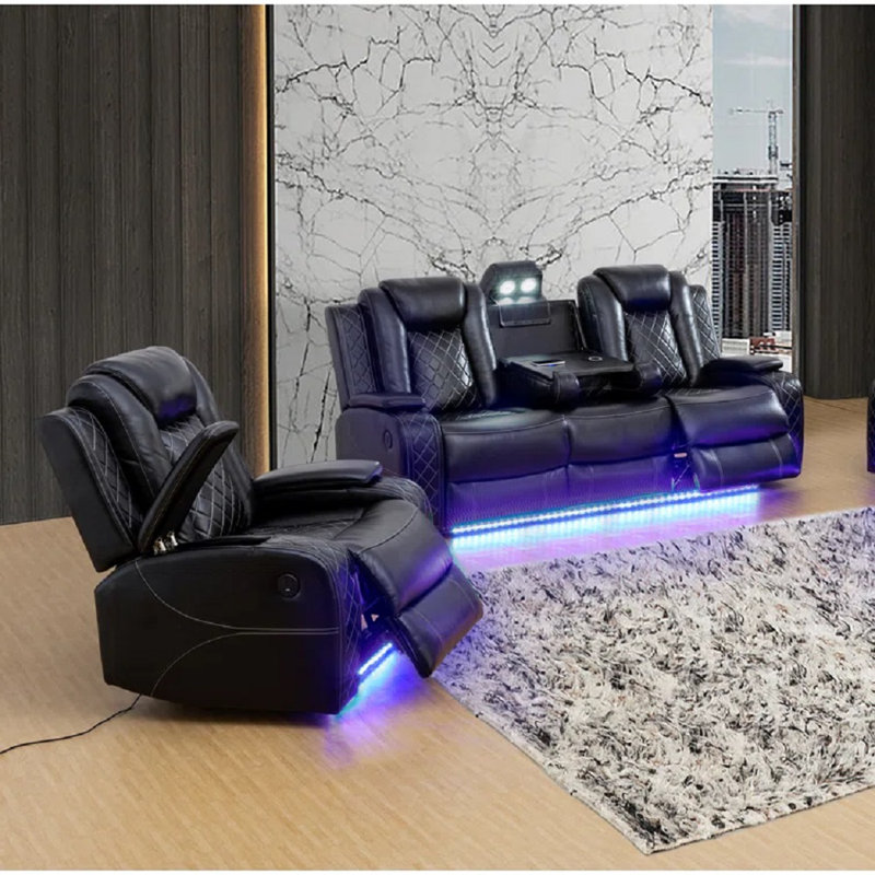 Alvon 3 Pieces of Storage Arm Vegan Leather Power Reclining Sofa Set with Lighting