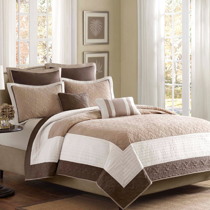 Ensemble de 7 pièces de courtepointe beige, coussins décoratifs Euro Medallion Design, Beige