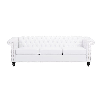 Élégant 3 places blanc, capitonné et bas classique, donnant au salon un look épuré, l 83 po x P 32 po H 26 po, accent de profil Pu, H 26 po, chic