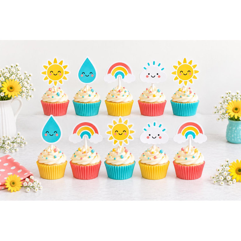 Décorations pour cupcakes « Soleil après la pluie », pics décoratifs pour fête prénatale « Arc-en-ciel, soleil, nuage et gouttes de pluie », décorations en carton