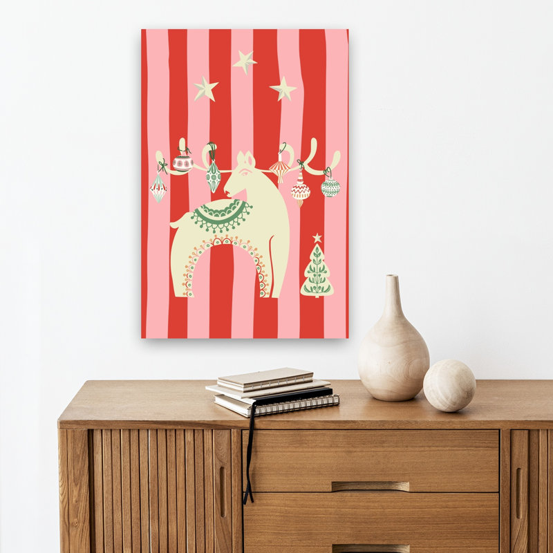 Festive Reindeer And Tree Abstract Christmas Tree Animal Winter Wall Art Print by Annick - Wrapped Canvas Print