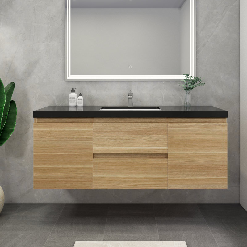Castin 60" Wall-Mounted Single Bathroom Vanity Set, Light Oak