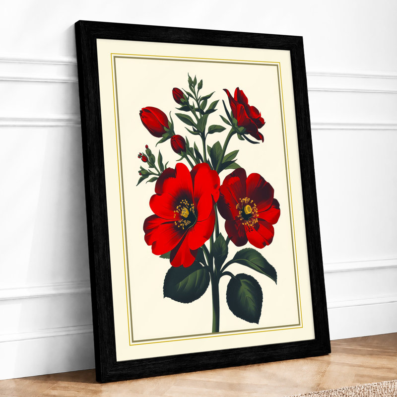 Crimson Anemones Botanical - Framed Print, A4 - 29.7 x 21.0 cm, Black