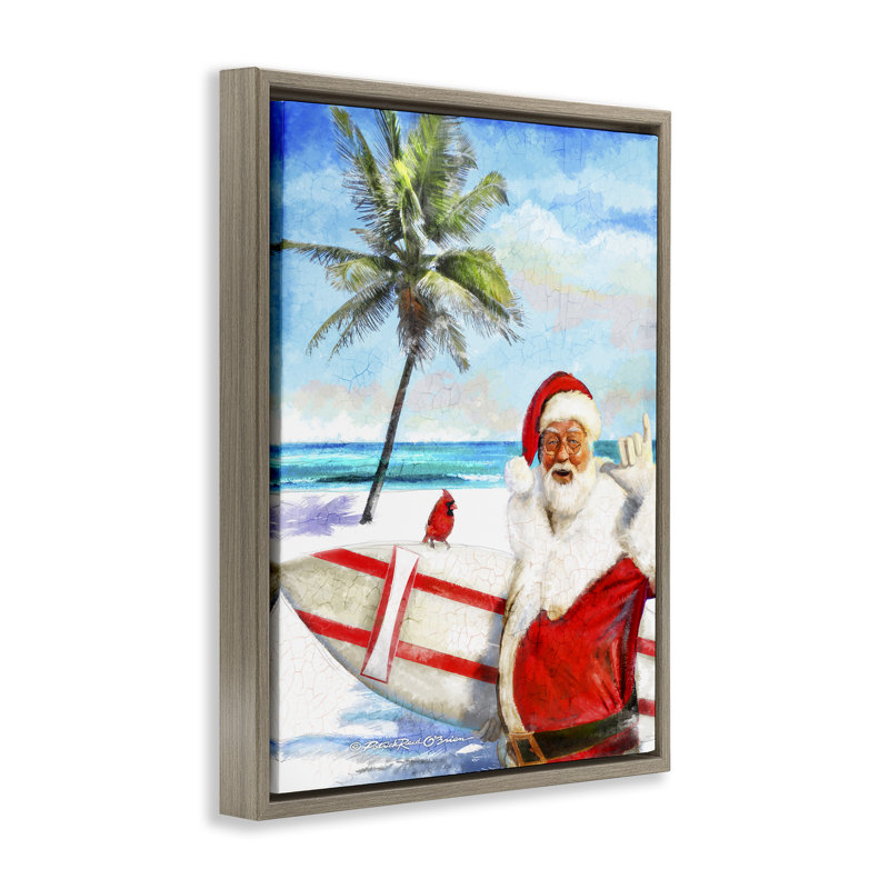 «Surfing Santa at Beach», art mural sur toile par Patrick Reid Obrien, H 31 po x l 25 po, Cadre flottant orme Montalcino