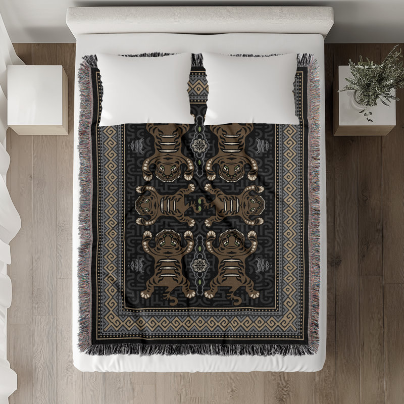 Jeté en mélange de coton Voha, Noir / brun / gris, L 70 po x l 50 po