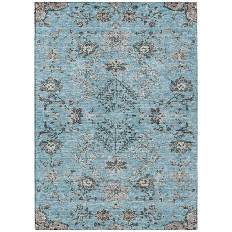 3' X 5' Sky Blue Gray And Charcoal Floral Washable Indoor Outdoor Area Rug