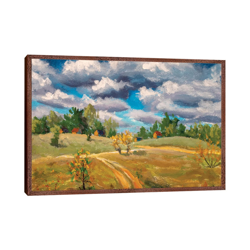 Beautiful Clouds Old Rural Houses In Spring Field by Valery Rybakow - Painting on Canvas, Brown Floater Frame