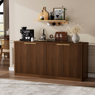 Buffet ondulé moderne de 59 pouces, armoire de rangement à contour incurvé à 4 portes avec fonction de rangement, naturel, L 59,0 po x l 15,7 po x H 27,7 po