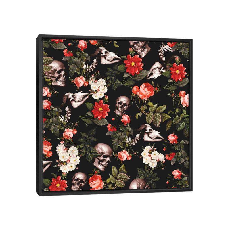 Crâne et floral, impression sur toile tendue, H 18 po x l 18 po x P 1,5 po, Toile avec cadre noir, Pas de tapis
