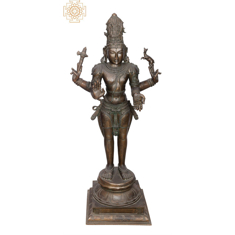 Grande statue de Shiva Panchaloha en bronze de 40 po - Figurine Mahadev à quatre bras Madhuchista Vidhana fabriquée à la main avec Abhaya et Varada Mudras