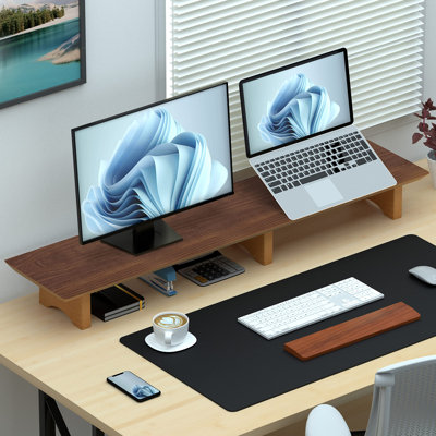 Large Dual Monitor Stand Riser, Solid Wood Desk Shelf With Eco Cork Legs For Laptop Computer/TV/PC/Printers, Perfect Desktop Stands Organizer With Underneath Storage For Office Accessories