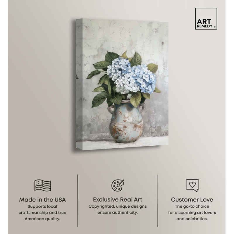 Large Blue and White Floral Canvas Art with Pine Frame