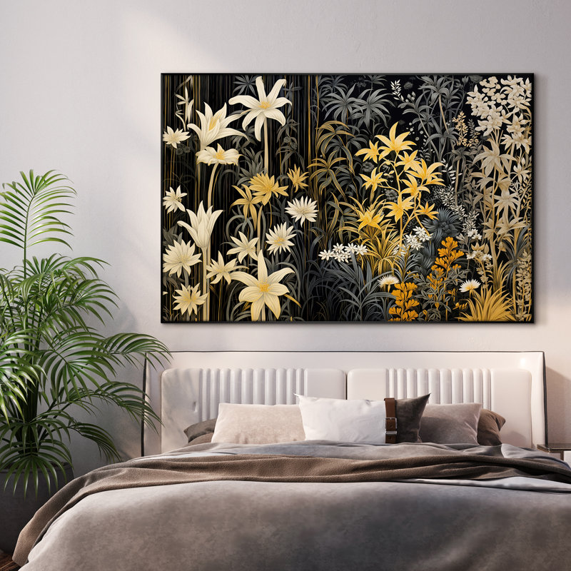Très grand imprimé floral doré sur fond de jardin - Illustration botanique moderne avec décor de contraste jaune et noir pour le salon ou la chambre à coucher, assemblage de cadre requis