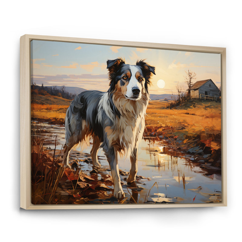 Border collie marchant sous Golden Horizon I - impression, Cadre naturel flottant, H 24 po x l 32 po x P 1 po