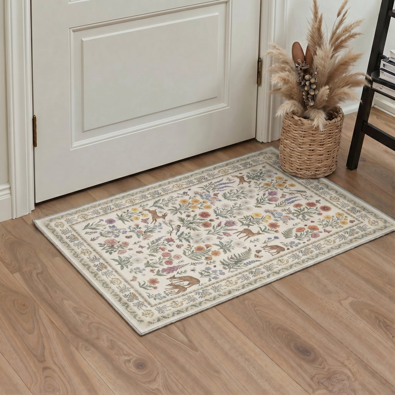 Alessio Floral Deer Vintage Machine Washable Beige / Green Indoor Area Rug with Non-Slip Backing, Rectangle 8' x 10'