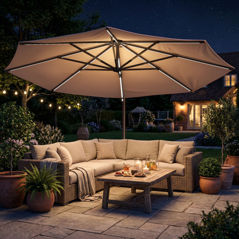 Parasol de patio en porte-à-faux 12 pi avec base DEL incluse, Champagne clair