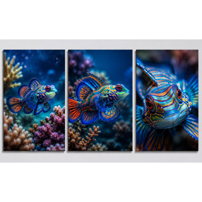 Très grand ensemble de 3 impressions sur toile de poissons Mandarine Dragonet, océan tropical, vie marine, décor côtier pour salle de bain, impression sur toile 24 x 36 pouces - prête à être accrochée