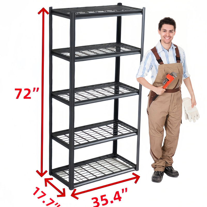 Étagère de rangement robuste à 5 niveaux - fabriquée en métal, capacité de charge de 3000 lb. Rouille, assemblage facile. Tablettes noires, hauteur réglable, idéales pour la cuisine, le garage et le sous-sol.