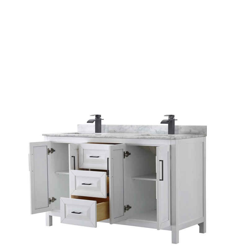 Ensemble de meuble-lavabo double 60 po Daria, Blanc, Marbre de culture blanc, Noir mat