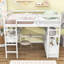 Lit mezzanine double avec bureau intégré et tiroirs de rangement, tablettes